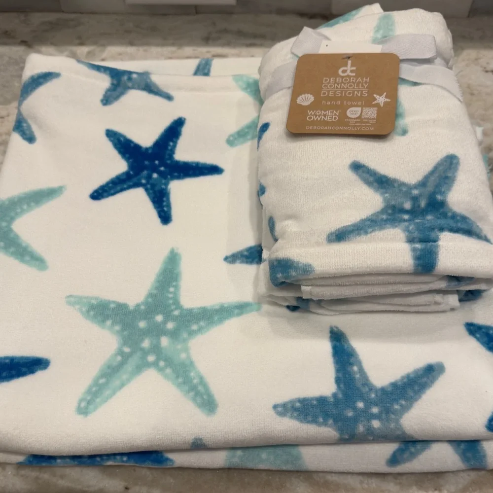 Deborah Connolly Designs Blue Turquoise Starfish Set 2 Bath 2 Hand Towels 4pc